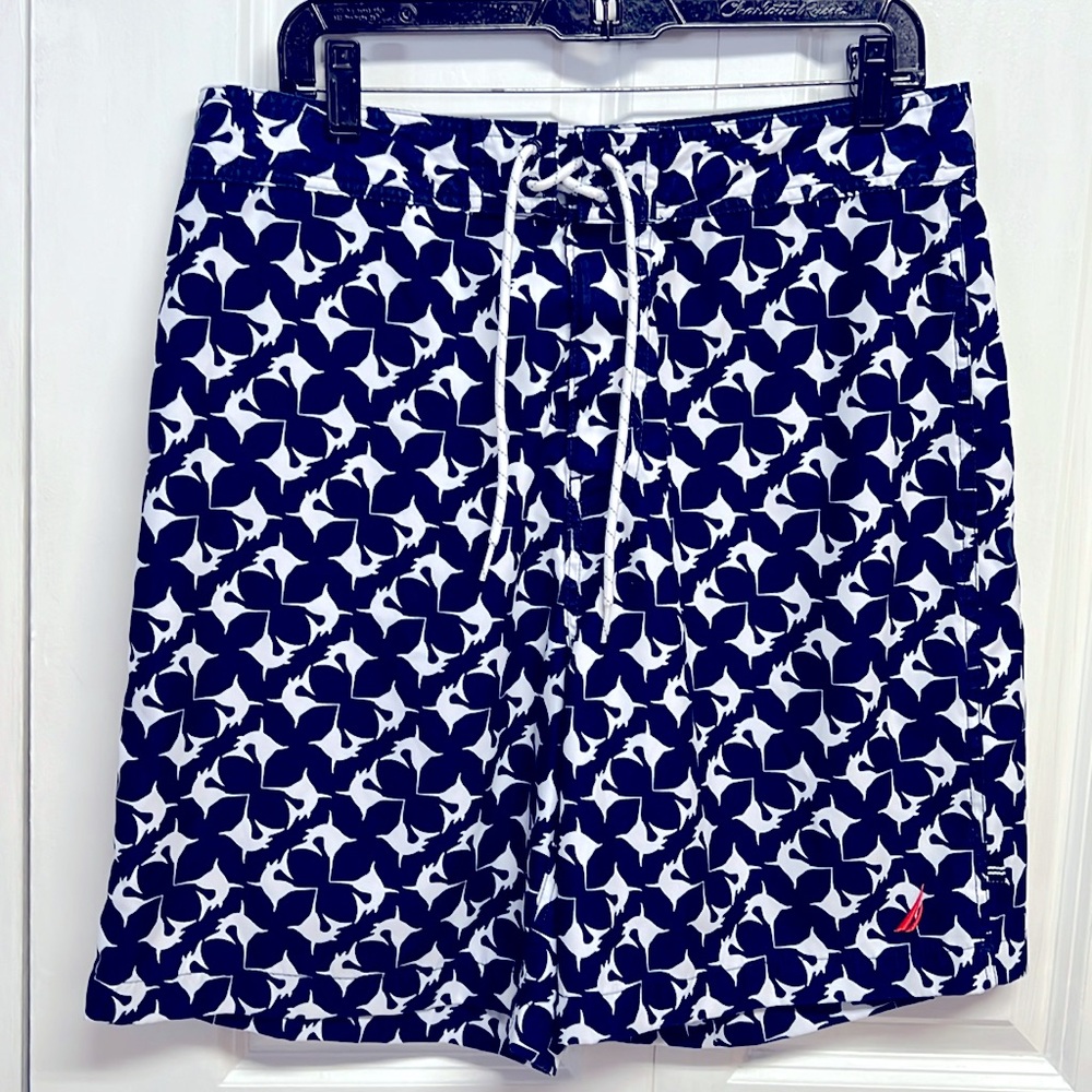 Nautica Navy Blue White Marlin Fish Print Swim Trunks Size 34